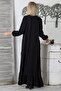 Black-White Round Neck Long Sleeve Tied Single Pocket Lace Long Fit Knitted Wide Cut Dress - 8