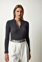 Women's Anthracite Zippered Collar Knitted Blouse GT00045 - 3