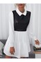 Women's White Shirt Collar Leather And Poplin Flint Back Zipper Long Sleeve Dress - 3