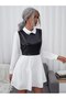 Women's White Shirt Collar Leather And Poplin Flint Back Zipper Long Sleeve Dress