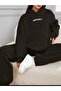 Black Gray Happiness Printed Bottom Top Hooded Set Oversize Tracksuit Boyfirend Casual - 2