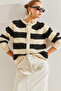 Women's Ecru Black Striped Buttoned Knitwear Cardigan 20234501 - 4