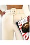 BELTed Straight Leg Palazzo Beige Women's Trousers High Waist - 2