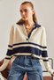 Women's Cream Navy Blue Polo Collar Buttoned Knitwear Sweater 20234223 - 4