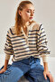 Women's Ecru Navy Blue Striped 11 Button Knitwear Sweater 20235067 - 4