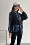 Women's Navy Blue Zipper Pocket Denim Denim Detailed Sweatshirt - 2