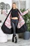 Pink-Black Handkerchief Collar Long Sleeve Plaid Double Pocket Long Fit Woven Casual Coat - 4