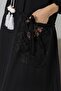 Black-White Round Neck Long Sleeve Tied Single Pocket Lace Long Fit Knitted Wide Cut Dress - 6