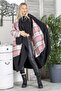 Pink-Black Handkerchief Collar Long Sleeve Plaid Double Pocket Long Fit Woven Casual Coat - 6