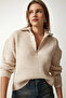 Women's Dark Cream Zippered Collar Knitwear Sweater BV00100 - 4