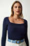 Women's Navy Blue Square Collar Corduroy Knitted Blouse GT00052