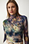 Women's Light Green Draped High Collar Sandy Blouse FF00138 - 2