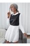 Women's White Shirt Collar Leather And Poplin Flint Back Zipper Long Sleeve Dress - 4