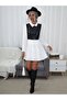 Women's White Shirt Collar Leather And Poplin Flint Back Zipper Long Sleeve Dress - 2