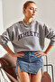 Women's Gray Athletic Printed Three-Thread Ribbed Sweatshirt Stk55 - 4