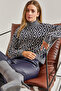 Women's Navy Blue Cream Turtleneck Patterned Knitwear Sweater 20234917