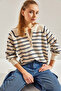 Women's Ecru Navy Blue Striped 11 Button Knitwear Sweater 20235067