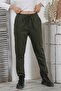 Dark Khaki Double Pocket Knitted Elasticated and Tied Waist Double Leg Casual Steel Interlock Trousers