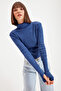 Indigo Fitted/Tight-Fitting Turtleneck Finger-Insert Detail Ribbed Stretchy Knitted Blouse Twoaw21Bz0071 - 3
