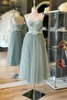 Water Green Embroidered Lace Covered Evening Dress - 3