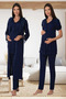 Women's Navy Blue Design Princess Sleeves Cotton Maternity Maternity Dressing Gown Pajama Set