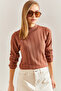 Women's Dark Camel Turtleneck Ribbed Knitwear Sweater Stk0014 - 6