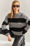 Women's Gray Black Hair Knitted Patterned Knitwear Sweater Stk0001 - 2
