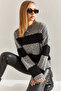 Women's Gray Black Hair Knitted Patterned Knitwear Sweater Stk0001 - 4