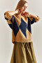 Women's Camel Navy Blue Diamond Patterned Knitwear Sweater Stk0013 - 6