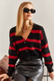 Women's Black Red Three-Button Striped Knitwear Cardigan Stk0011 - 2