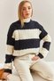Women's Navy Blue Ecru Hair Knitted Patterned Knitwear Sweater Stk0001 - 3