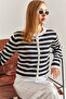 Women's Ecru Black Buttoned Striped Knitwear Cardigan Stk0010 - 4