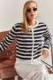 Women's Ecru Black Buttoned Striped Knitwear Cardigan Stk0010 - 3