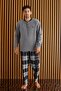 Gray White Plaid Patterned Fleece Men's Pajama Set - 2