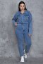 Women's Large Size Blue Buttoned Top Detailed Denim Jumpsuit 65n24068 - 4