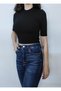Women's Black Lycra Crop Stand Collar Elbow Sleeve T-shirt - 2