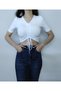 Women's White Lycra Front Gathered Crop V-Neck Short Sleeve T-shirt