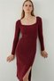 Claret Red Square Neck Slit Midi Knit Dress - 3