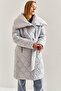 Women's Gray Metal Buttoned Quilted Oversize Inflatable Coat Stk64 - 6