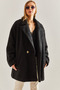 Women's Black Wrinkled Fabric Coat Stk75 - 4