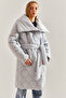 Women's Gray Metal Buttoned Quilted Oversize Inflatable Coat Stk64 - 5