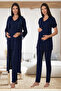 Women's Navy Blue Design Princess Sleeves Cotton Maternity Maternity Dressing Gown Pajama Set - 3