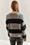 Women's Gray Black Hair Knitted Patterned Knitwear Sweater Stk0001 - 6