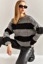 Women's Gray Black Hair Knitted Patterned Knitwear Sweater Stk0001