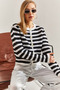 Women's Ecru Black Buttoned Striped Knitwear Cardigan Stk0010 - 2