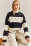 Women's Navy Blue Ecru Hair Knitted Patterned Knitwear Sweater Stk0001 - 5