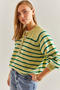 Women's Green Light Green Collared Knitted Turtleneck Striped Knitwear Sweater 20223207 - 2