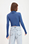 Indigo Fitted/Tight-Fitting Turtleneck Finger-Insert Detail Ribbed Stretchy Knitted Blouse Twoaw21Bz0071 - 4