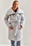 Women's Gray Metal Buttoned Quilted Oversize Inflatable Coat Stk64 - 4