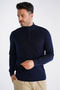 Navy Blue Men's 100% Cotton Zippered Stand Collar Knitwear Sweater
